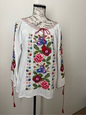 D.S. & Durga White Peasant Blouse with Red and Pink Floral Embroidery